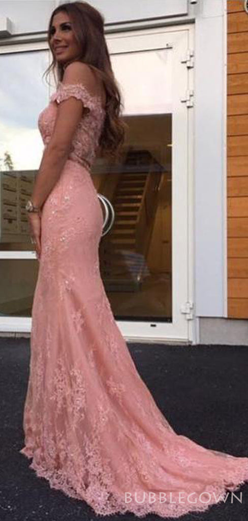 Off Shoulder Blushing Pink Tulle Appliques Long lace Mermaid Evening Prom Dresses, MR8138