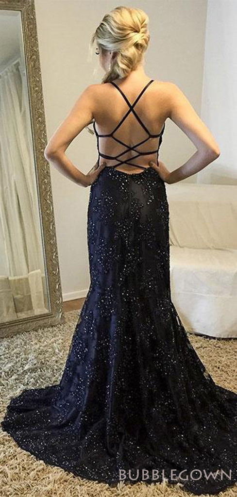 Spaghetti Straps Black Tulle Appliques Long Mermaid Evening Prom Dresses, MR8140