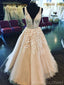 A-line Champagne Tulle Appliques V-neck Long Evening Prom Dresses, MR8141