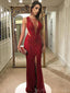 Sexy Deep V-neck Burgundy Sequin Long Mermaid Evening Prom Dresses, Cheap Custom Prom Dresses, MR8150