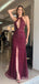 Burgundy Chiffon Beaded Halter Long Mermaid Evening Prom Dresses, Cheap Custom Prom Dresses, MR8152