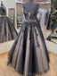 Black Tulle Appliques V-neck Long A-line Evening Prom Dresses, MR8155