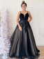 A-line Black Tulle Velvet Appliques Spaghetti Straps Long Evening Prom Dresses, MR8156