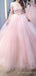 Long Sleeves Pink Tulle Appliques High Neck Long A-line Evening Prom Dresses, Pink Wedding Dresses, MR8157
