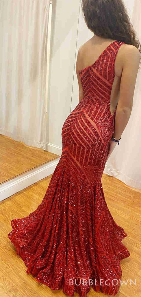 Mermaid One Shoulder Red Sequin Long Sparkly Evening Prom Dresses, MR8160