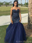 Mermaid Navy Blue Tulle Beaded Strapless Long Sweetheart Evening Prom Dresses, MR8164