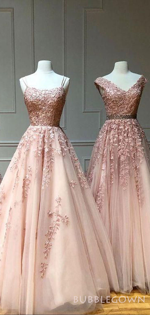 A-line Pink Tulle Appliques Long Evening Prom Dresses, MR8166