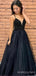 Black Tulle Beaded A-line Spaghetti Straps Long Evening Prom Dresses, MR8169