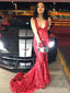 Mermaid Red Sequin Long Sparkly Evening Prom Dresses, Deep V Neck Custom Prom Dress, MR8185