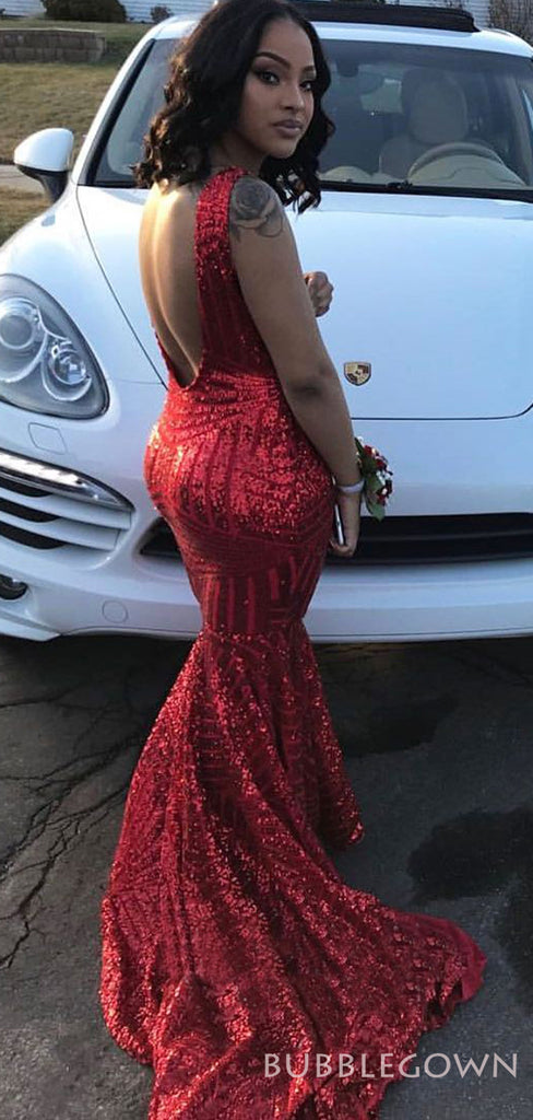 Mermaid Red Sequin Long Sparkly Evening Prom Dresses, Deep V Neck Custom Prom Dress, MR8185