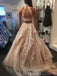 Two Pieces Champagne Tulle Appliques Beaded Long Evening Prom Dresses, Halter Custom Prom Dress, MR8189