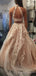 Two Pieces Champagne Tulle Appliques Beaded Long Evening Prom Dresses, Halter Custom Prom Dress, MR8189