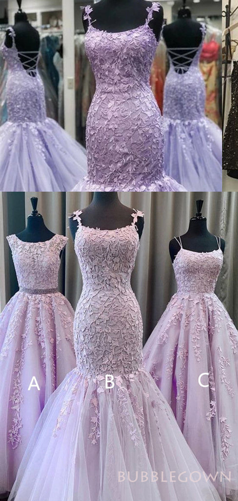 Lilac Tulle Appliques Long Evening Prom Dresses, MR8190