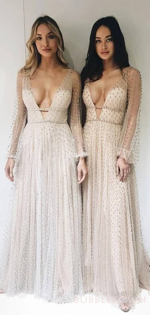 Long Sleeves Tulle Beaded Long Evening Prom Dresses, Deep V Neck Custom Prom Dress, MR8199