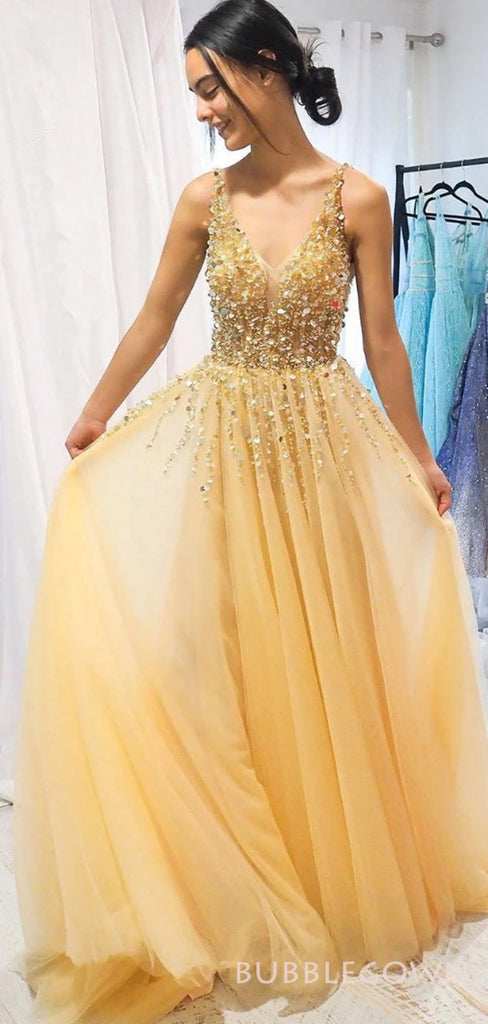 A-line Yellow Tulle Beaded Long Evening Prom Dresses, Cheap Custom Prom Dress, MR8213