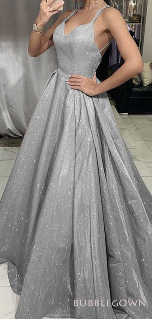 A-line Spaghetti Straps Sparkly Long Evening Prom Dresses, Silver Grey Custom Prom Dress, MR8215