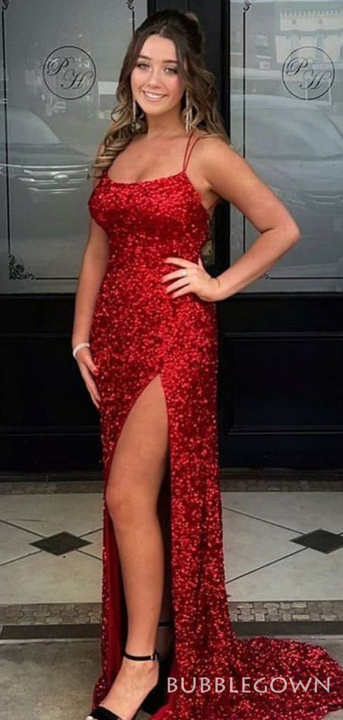 Sheath Red Sequin Long Mermaid Evening Prom Dresses, Spaghetti Straps Sparkly Custom Prom Dress, MR8229