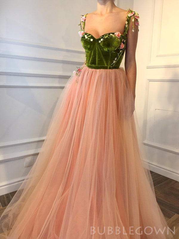 Spaghetti Straps Tulle Velvt Appliques Long Evening Prom Dresses, A-line Custom Prom Dress, MR8235