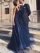 A-line Navy Blue Tulle Sparkly Long Evening Prom Dresses, V Neck Custom Prom Dresses, MR8236