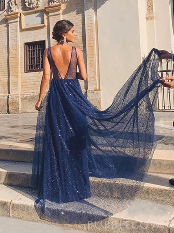 A-line Navy Blue Tulle Sparkly Long Evening Prom Dresses, V Neck Custom Prom Dresses, MR8236