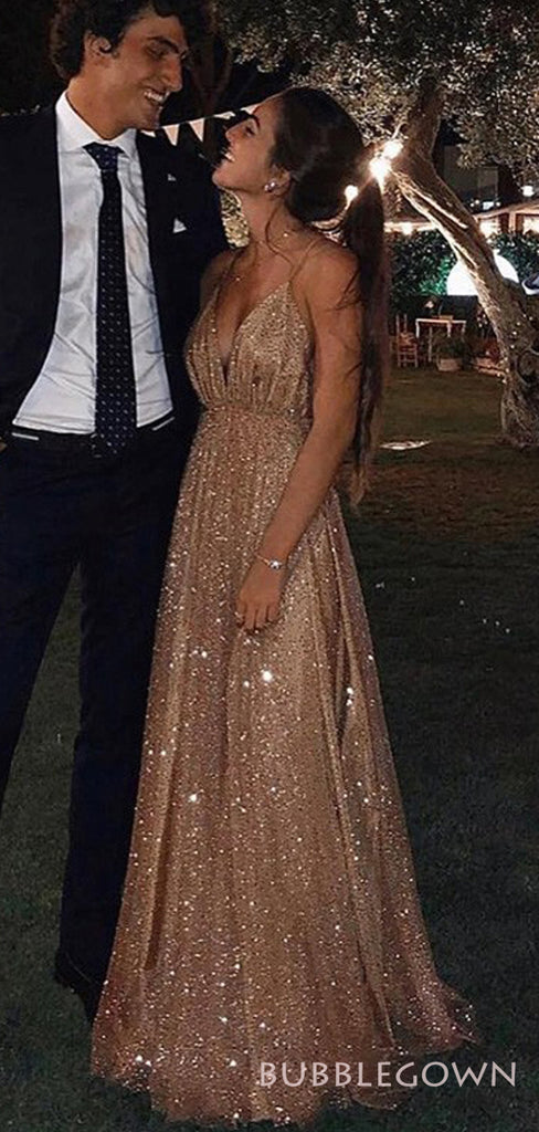 Sexy Backless Gold Sequin Sparkly Long Evening Prom Dresses, A-line Spaghetti Straps Custom Prom Dress, MR8243