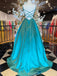 A-line Peacock Blue Satin Long Evening Prom Dresses, Spaghetti Straps Custom Prom Dresses, MR8249