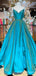 A-line Peacock Blue Satin Long Evening Prom Dresses, Spaghetti Straps Custom Prom Dresses, MR8249