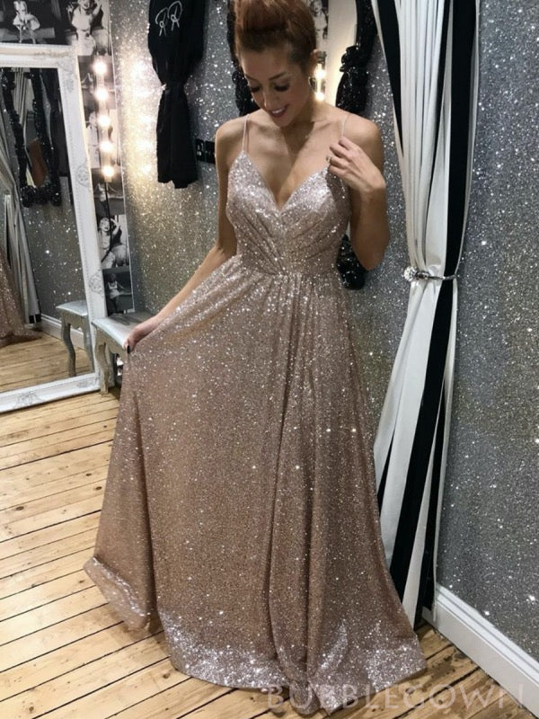 Spaghetti Atraps Gold Sequin Sparkly Long Evening Prom Dresses, A-line Backless Custom Prom Dress, MR8250