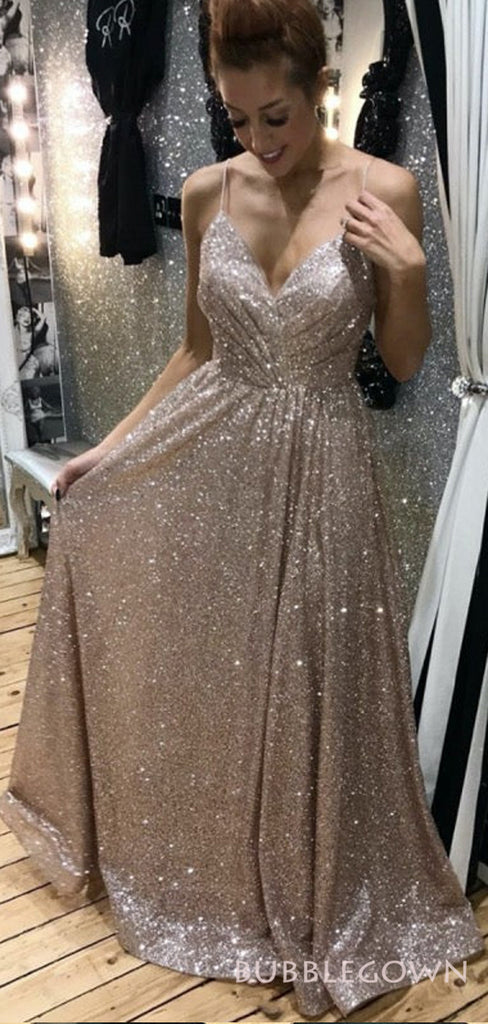 Spaghetti Atraps Gold Sequin Sparkly Long Evening Prom Dresses, A-line Backless Custom Prom Dress, MR8250