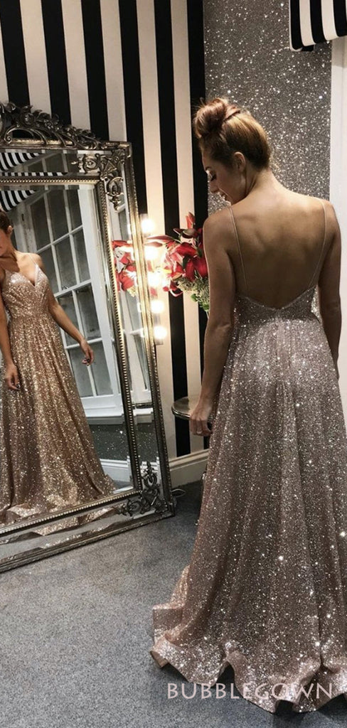 Spaghetti Atraps Gold Sequin Sparkly Long Evening Prom Dresses, A-line Backless Custom Prom Dress, MR8250