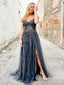 Off Shoulder Dark Grey Tulle Appliques Long Evening Prom Dresses, A-line Custom Prom Dress, MR8252