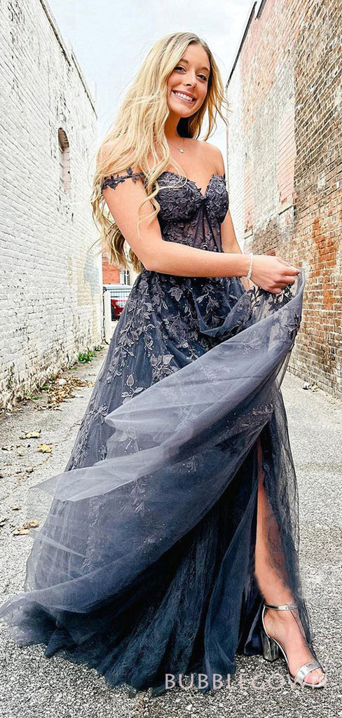 Off Shoulder Dark Grey Tulle Appliques Long Evening Prom Dresses, A-line Custom Prom Dress, MR8252