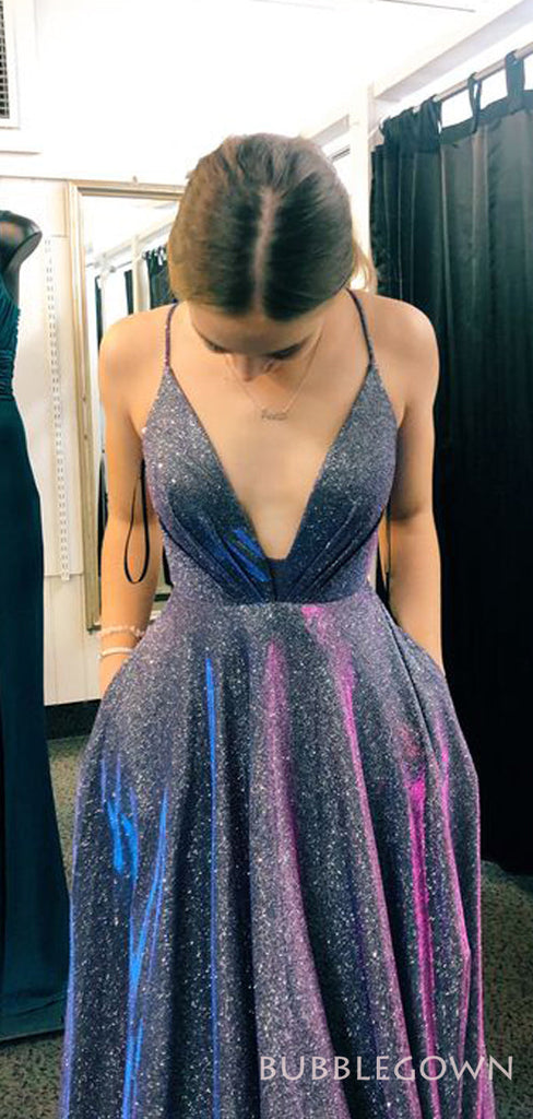 Deep V Neck Navy Blue Sparkly Long Evening Prom Dresses, Spaghetti Straps A-line Custom Prom Dresses, MR8258