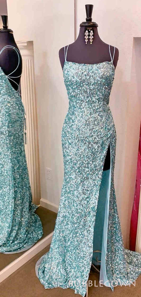 Red Sequin Mermaid Long Evening Prom Dresses, Spaghetti Straps Custom Prom Dresses, MR8260