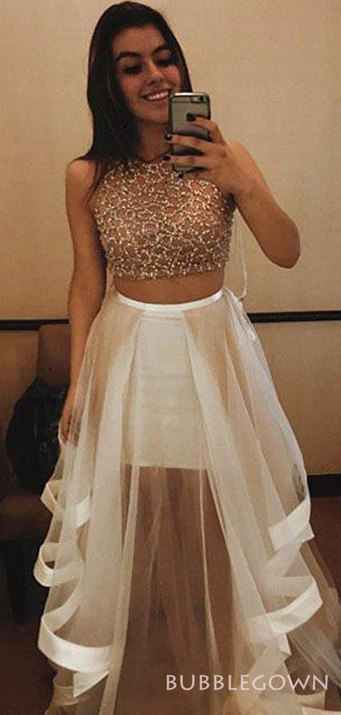 Two Pieces Champagne Tulle Beaded Long Evening Prom Dresses, A-line Custom Prom Dress, MR8266