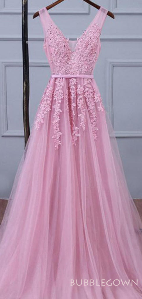 A-line Pink Tulle Appliques Long Evening Prom Dresses, V Neck Custom Prom Dress, MR8270