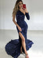 Long Sleeves Navy Blue Sequin Long Evening Prom Dresses, Mermaid One Shoulder Custom Prom Dresses, MR8275