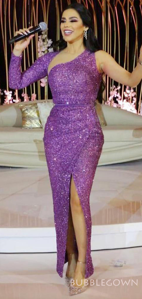 Mermaid Purple Sequin Long Evening Prom Dresses, Long Sleeves One Shoulder Custom Prom Dresses, MR8278