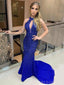 Mermaid Royal Blue Satin Beaded Long Evening Prom Dresses, Halter Custom Prom Dresses, MR8279