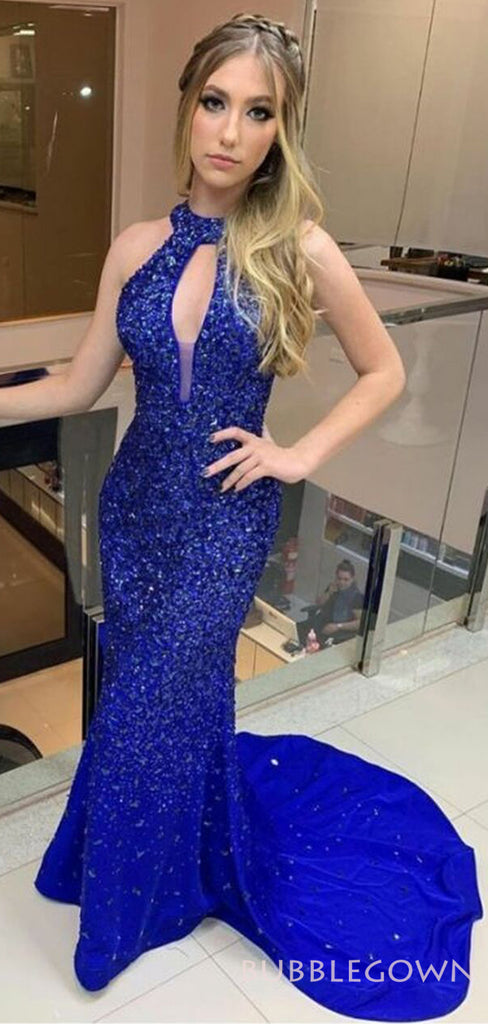 Mermaid Royal Blue Satin Beaded Long Evening Prom Dresses, Halter Custom Prom Dresses, MR8279