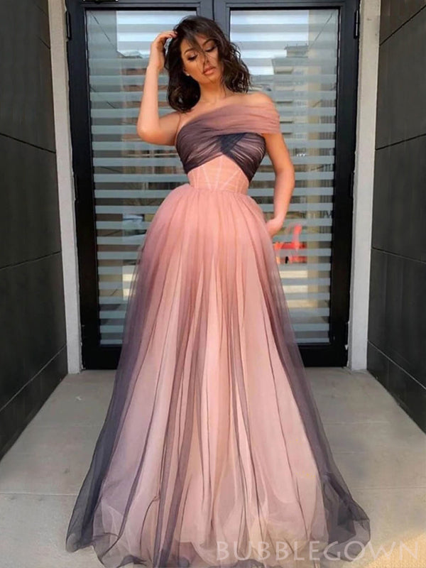 One Shoulder Gradient Tulle Long Evening Prom Dresses, A-line Pink Custom Prom Dress, MR8280