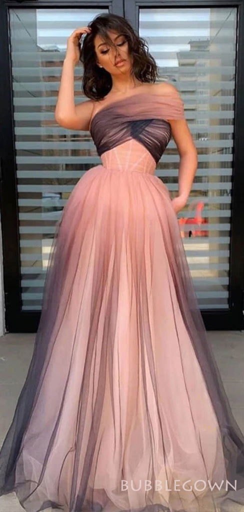 One Shoulder Gradient Tulle Long Evening Prom Dresses, A-line Pink Custom Prom Dress, MR8280