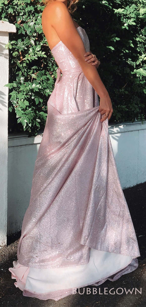 A-line Pink Sparkly Long Evening Prom Dresses, Strapless Sweetheart Custom Prom Dresses, MR8281