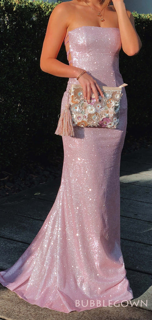 Mermaid Pink Sparkly Long Evening Prom Dresses, Strapless Backless Custom Prom Dresses, MR8282