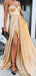 A-line Gold Sparkly Long Evening Prom Dresses, Strapless Side Slit Custom Prom Dresses, MR8283