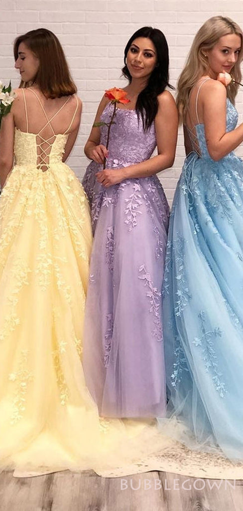 Spaghetti Straps Tulle Appliques Long Evening Prom Dresses, A-line Custom Prom Dress, MR8286