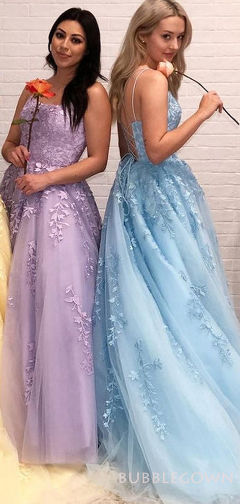 Spaghetti Straps Tulle Appliques Long Evening Prom Dresses, A-line Custom Prom Dress, MR8286