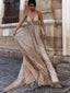 Deep V Neck Gold Sequin Long Evening Prom Dresses, Spaghetti Straps A-line Sparkly Custom Prom Dresses, MR8287