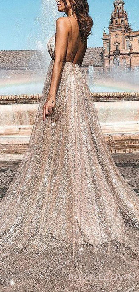 Deep V Neck Gold Sequin Long Evening Prom Dresses, Spaghetti Straps A-line Sparkly Custom Prom Dresses, MR8287