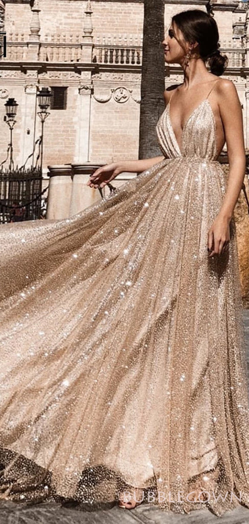 Deep V Neck Gold Sequin Long Evening Prom Dresses, Spaghetti Straps A-line Sparkly Custom Prom Dresses, MR8287